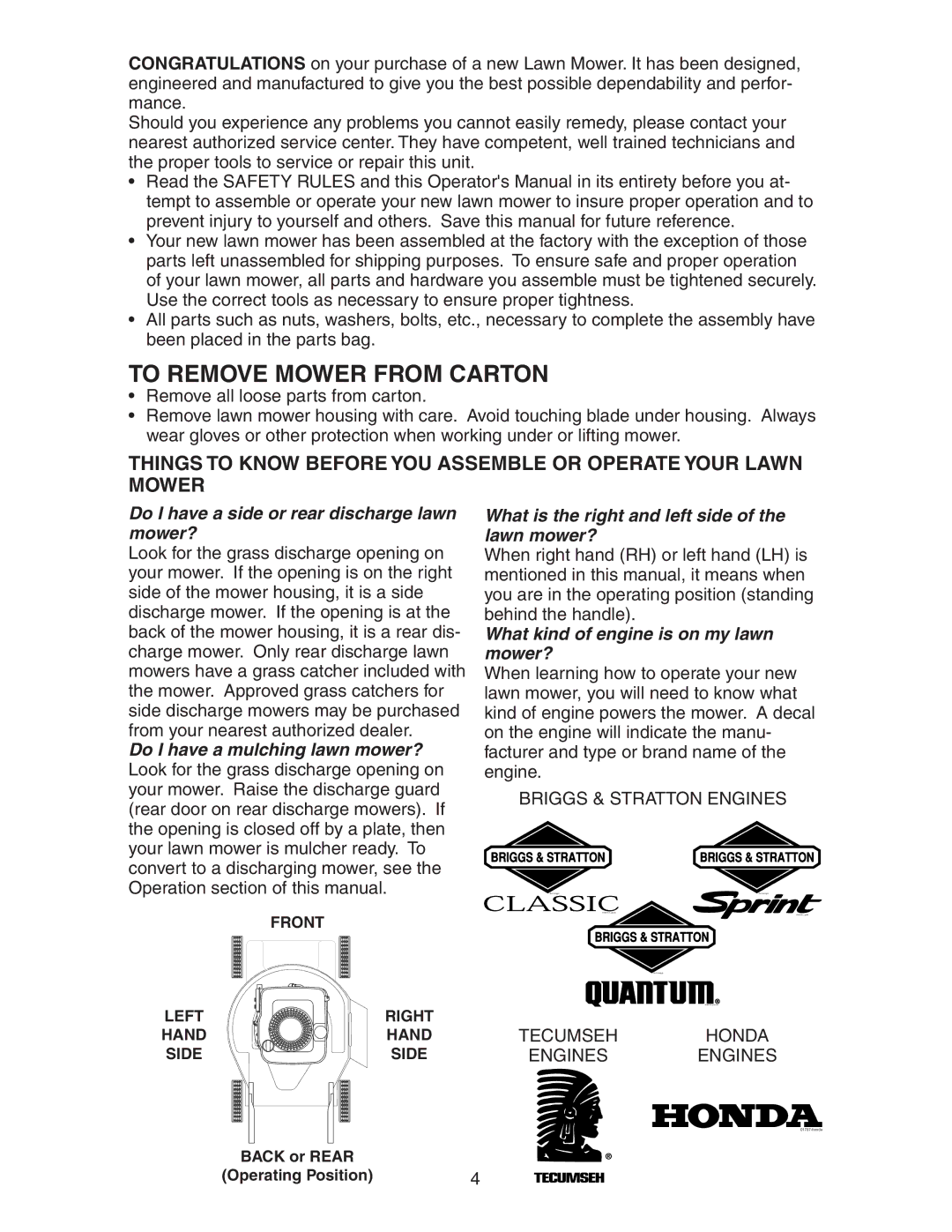 Poulan 172777 manual Tecumsehhonda, To Remove Mower from Carton 