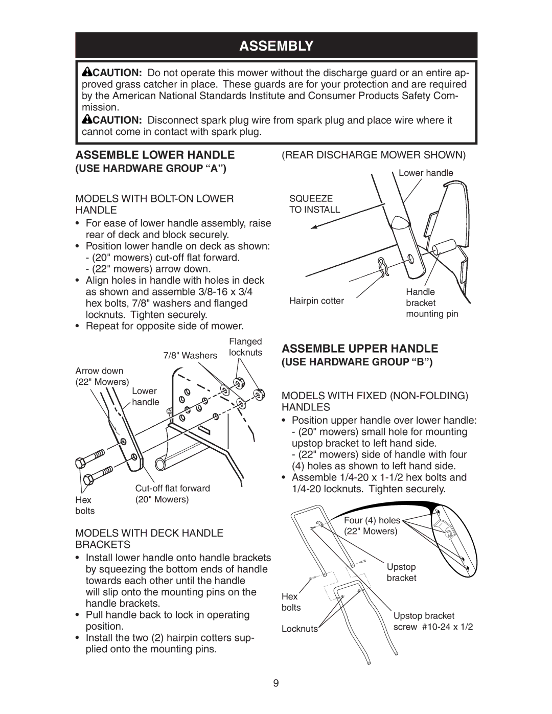 Poulan 172777 manual Assembly, Assemble Lower Handle, Assemble Upper Handle, USE Hardware Group a, USE Hardware Group B 