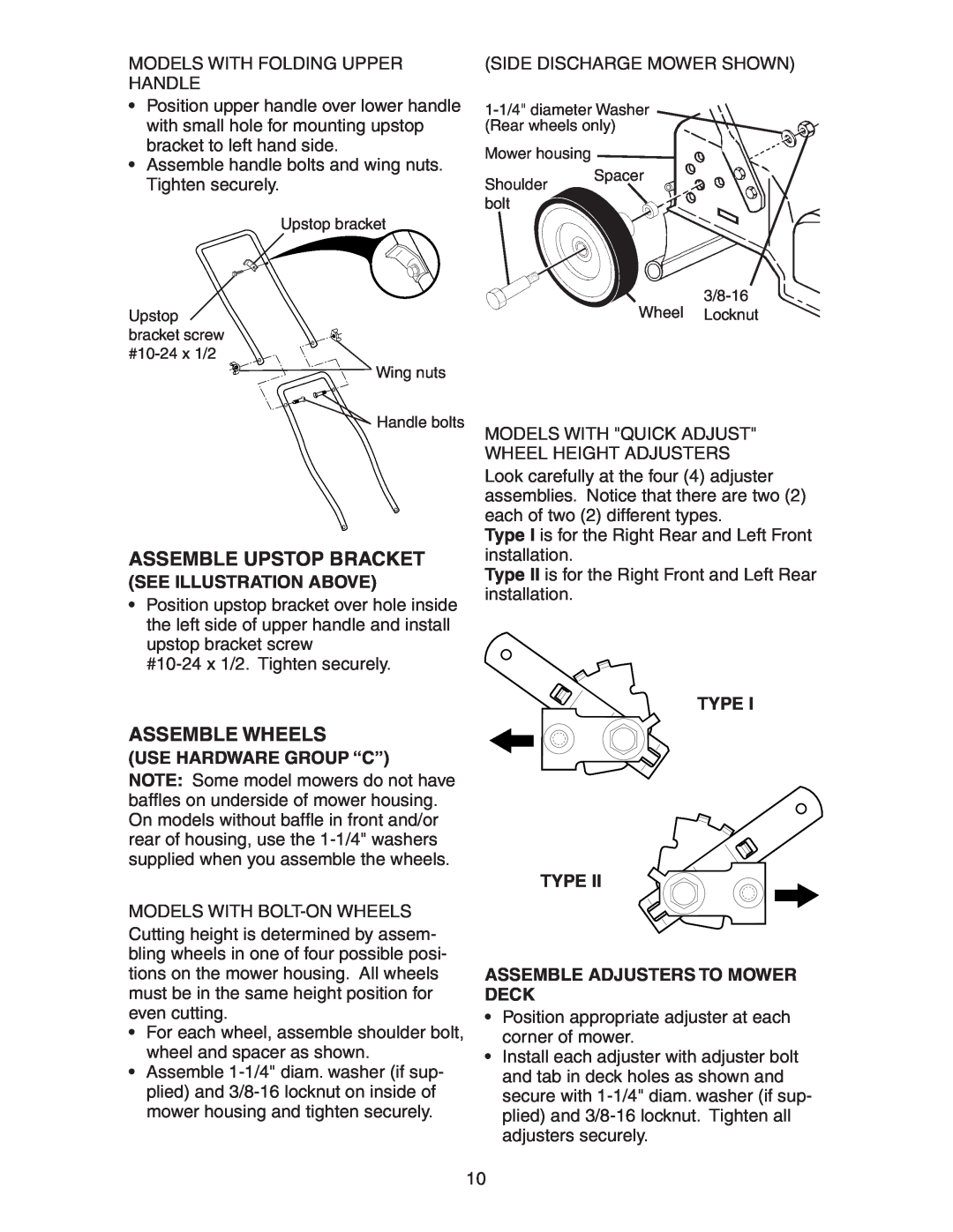 Poulan 172777 manual Assemble Upstop Bracket, Assemble Wheels, See Illustration Above, Use Hardware Group “C” 