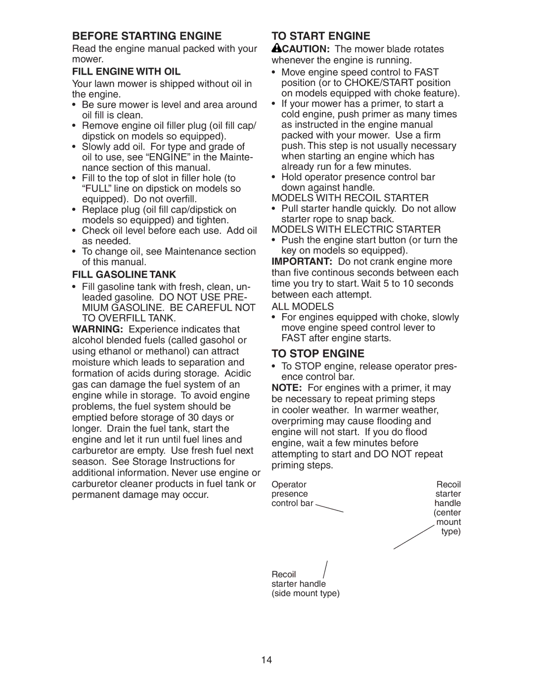 Poulan 172782 manual Before Starting Engine, To Start Engine, To Stop Engine, Fill Engine with OIL, Fill Gasoline Tank 