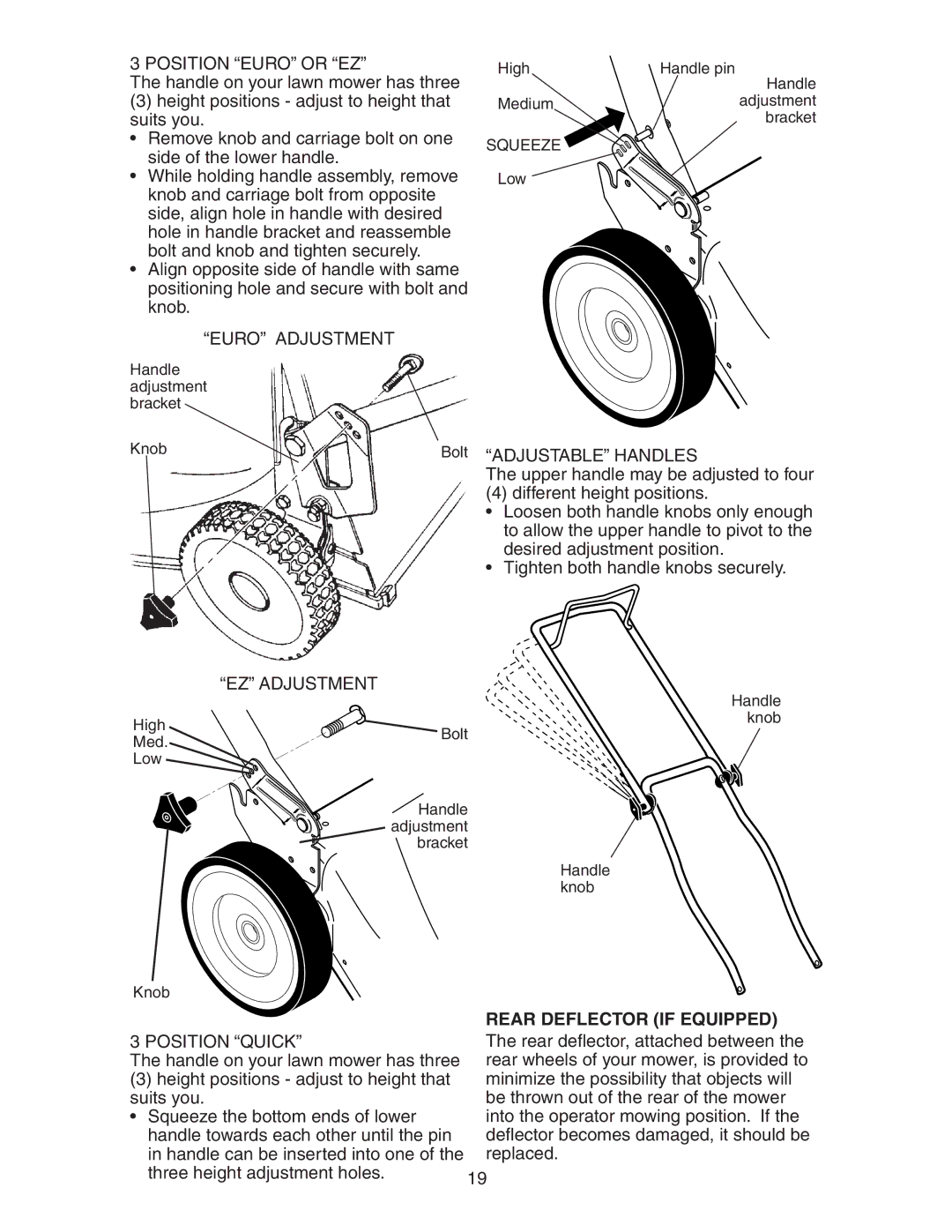 Poulan 172782 manual Position Euro or EZ, Euro Adjustment, EZ Adjustment, Adjustable Handles, Rear Deflector if Equipped 