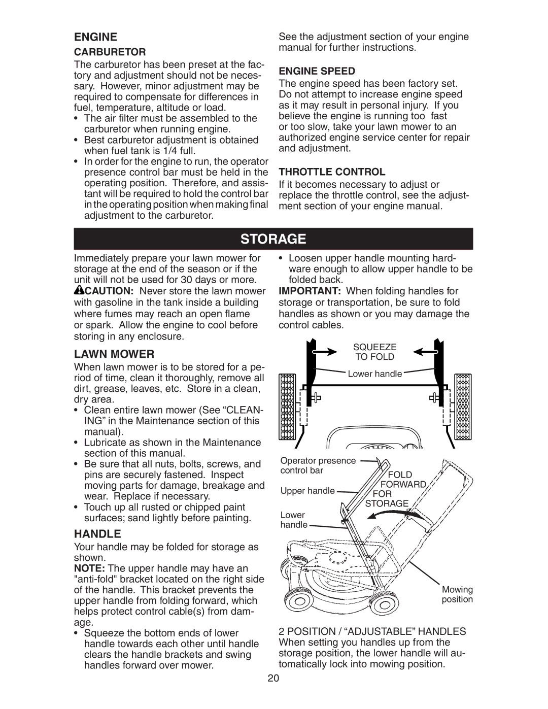 Poulan 172782 manual Storage, Handle, Carburetor, Engine Speed, Throttle Control 