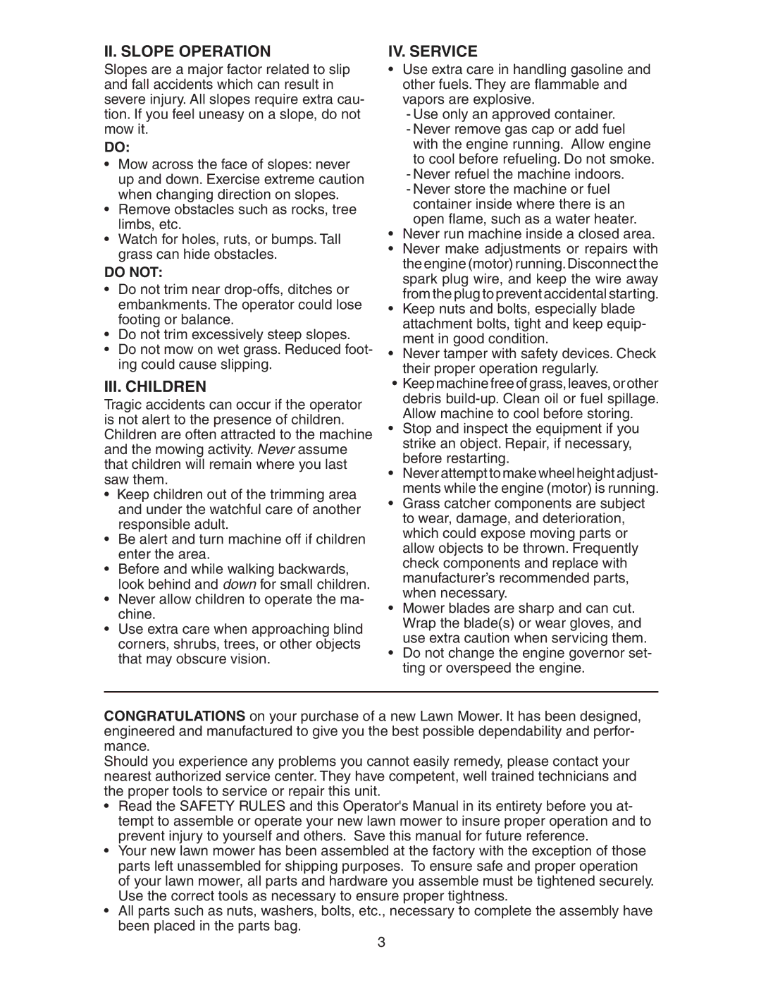 Poulan 172782 manual II. Slope Operation, III. Children, IV. Service, Do not 