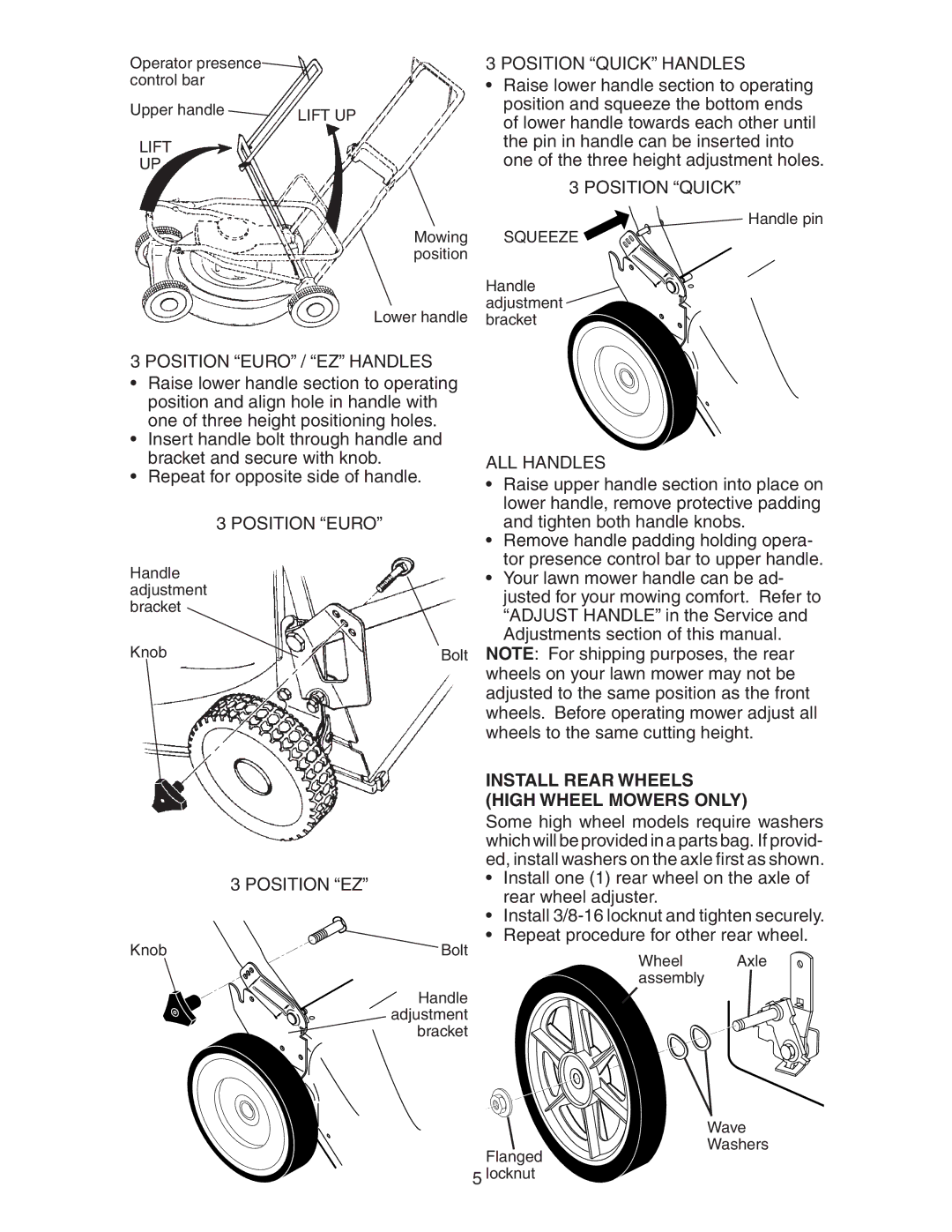 Poulan 172782 manual Install Rear Wheels High Wheel Mowers only 