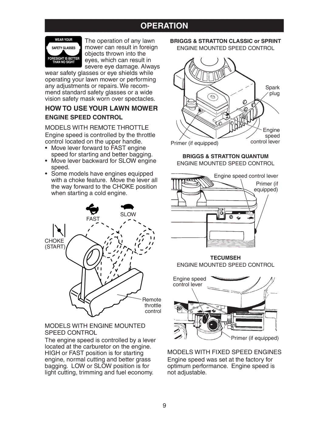 Poulan 172782 manual Operation, HOW to USE Your Lawn Mower, Engine Speed Control, Models with Engine Mounted Speed Control 