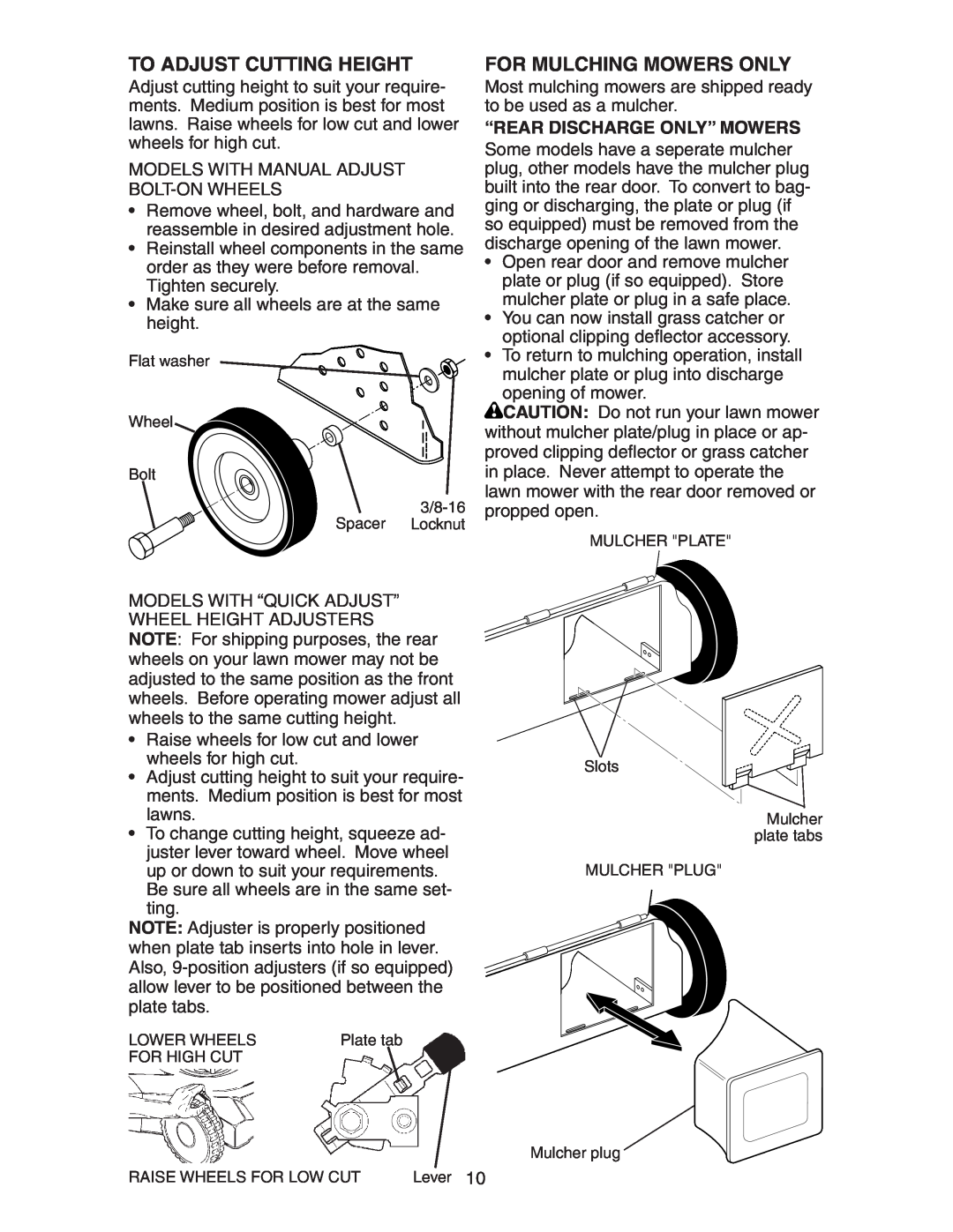 Poulan 172782 manual To Adjust Cutting Height, For Mulching Mowers Only 