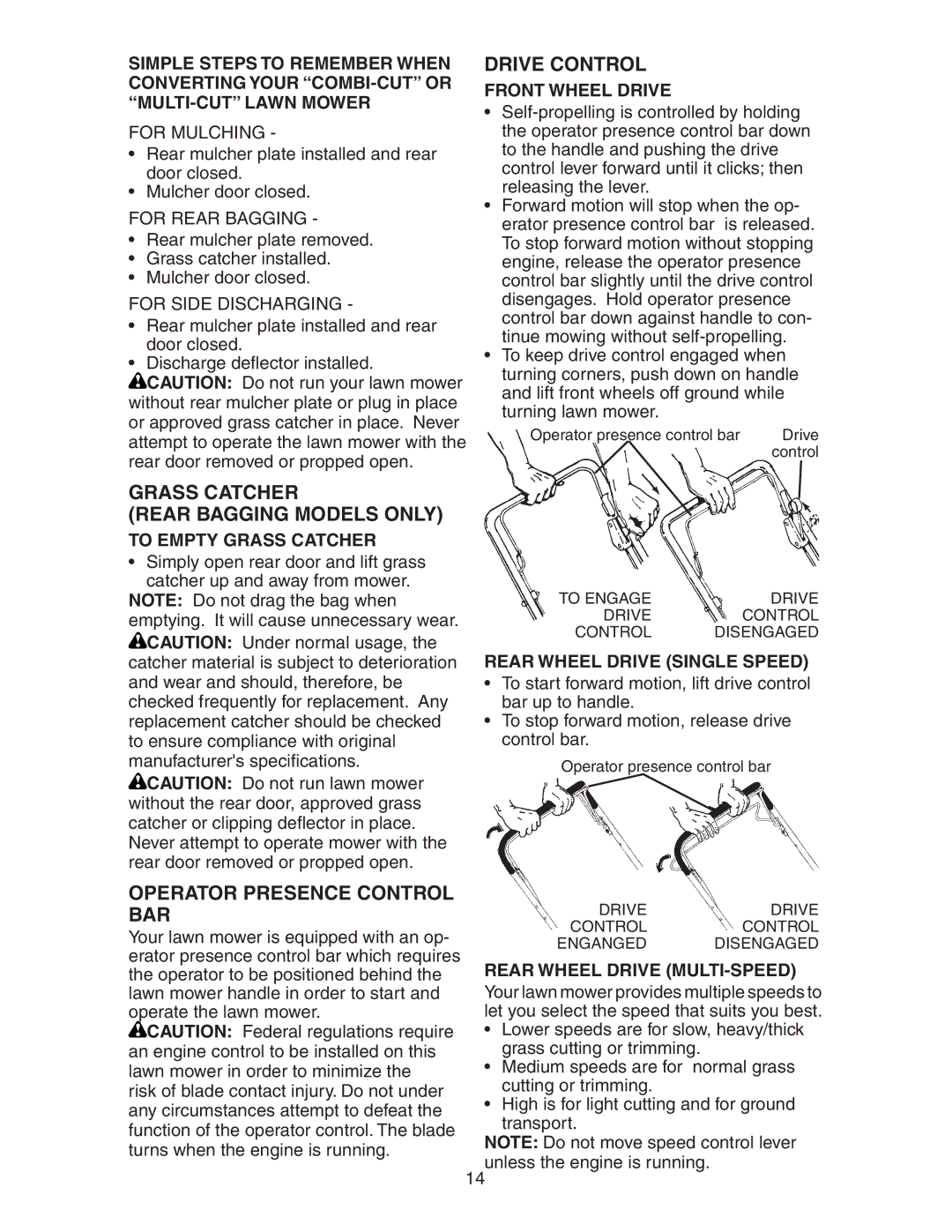 Poulan 172787 manual Drive Control, Grass Catcher Rear Bagging Models only, Operator Presence Control BAR 