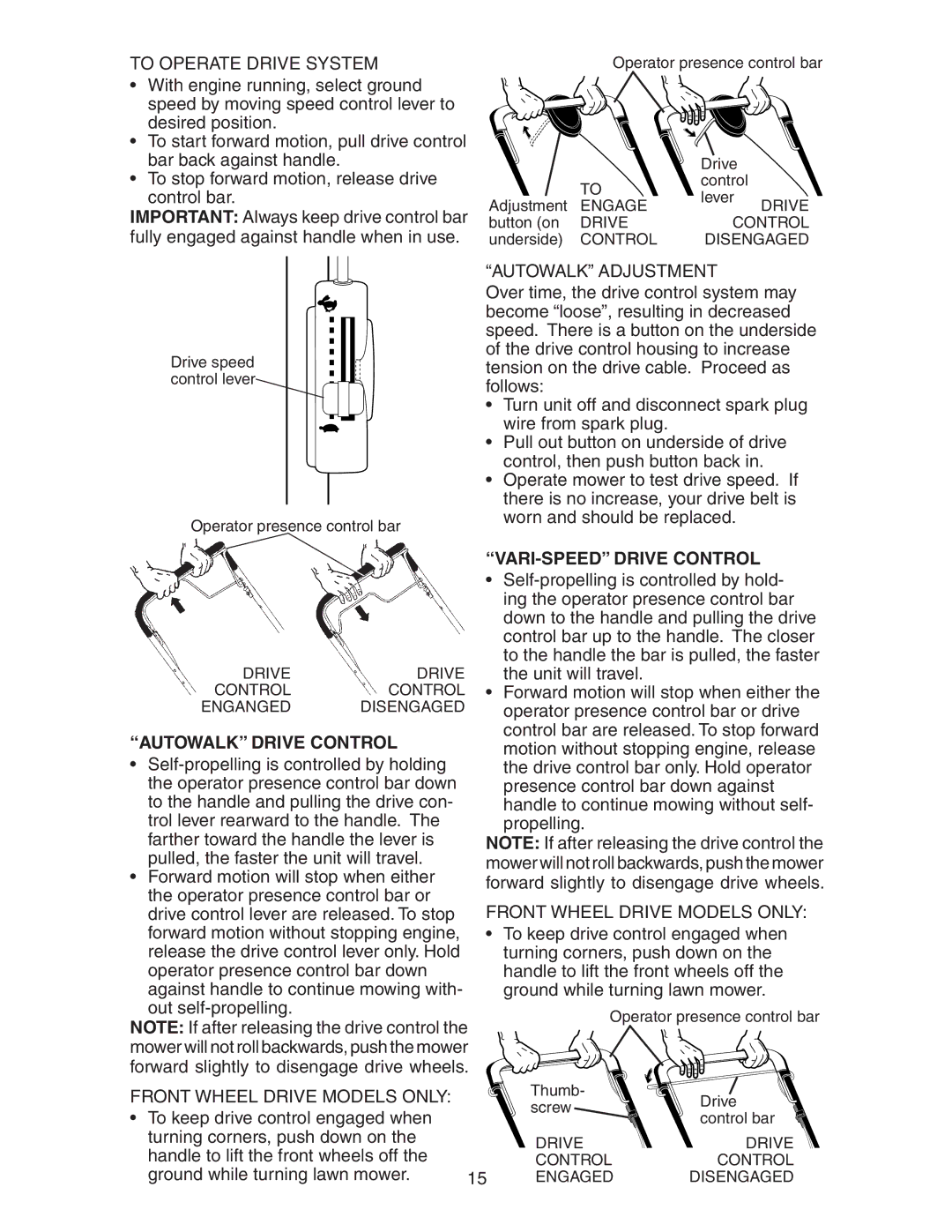 Poulan 172787 manual To Operate Drive System, Autowalk Adjustment, VARI-SPEED Drive Control, Autowalk Drive Control 