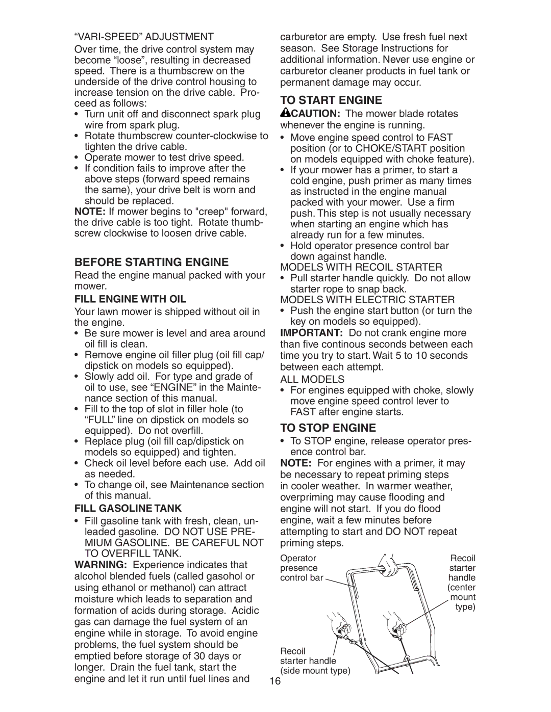 Poulan 172787 manual Before Starting Engine, To Start Engine, To Stop Engine, Fill Engine with OIL, Fill Gasoline Tank 