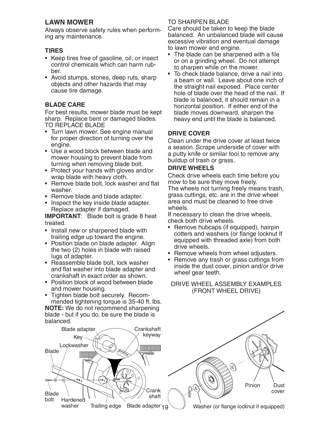 Poulan 172787 manual Lawn Mower, Tires, Blade Care, Drive Cover, Drive Wheels 