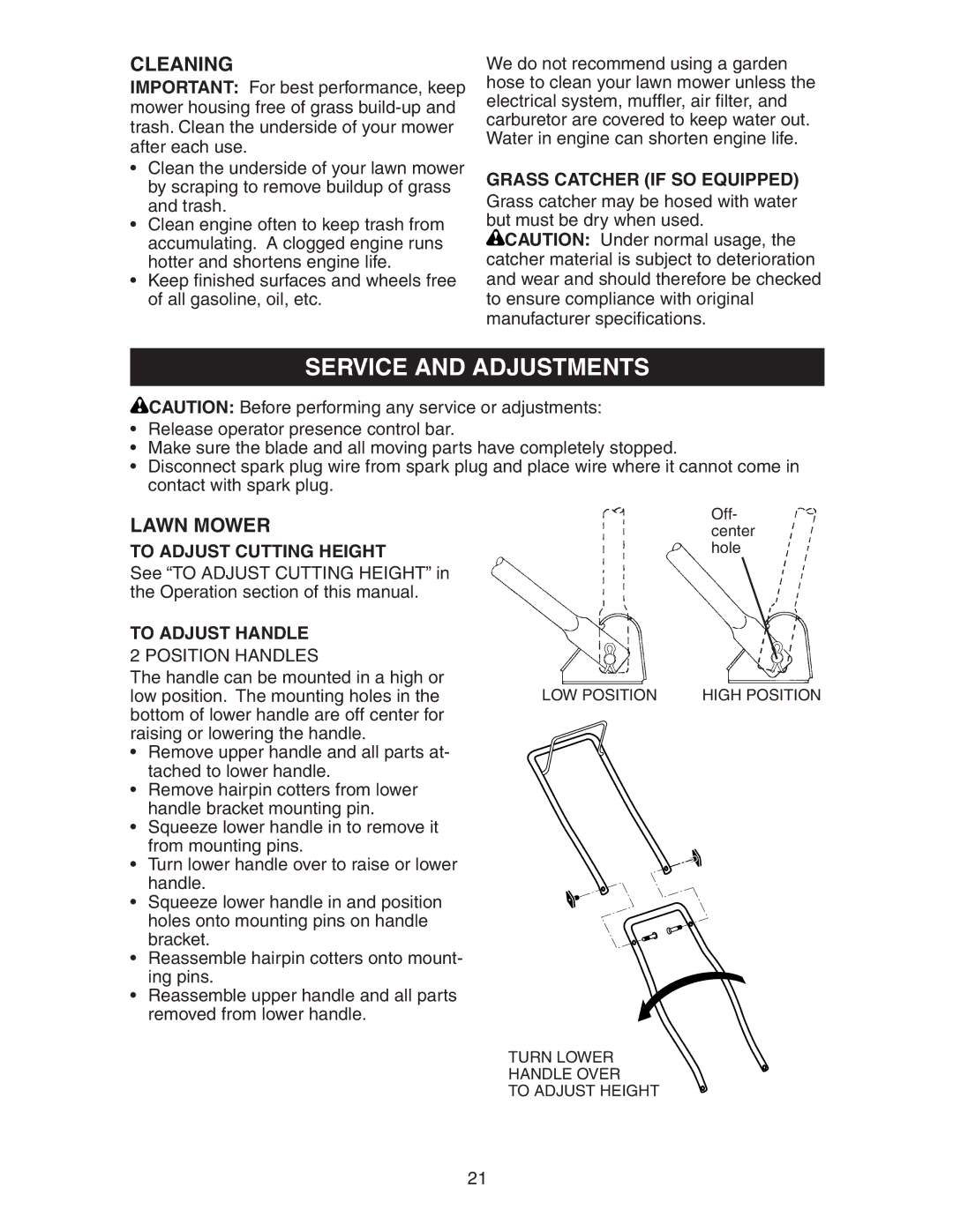 Poulan 172787 manual Service and Adjustments, Cleaning, To Adjust Cutting Height, To Adjust Handle, Position Handles 