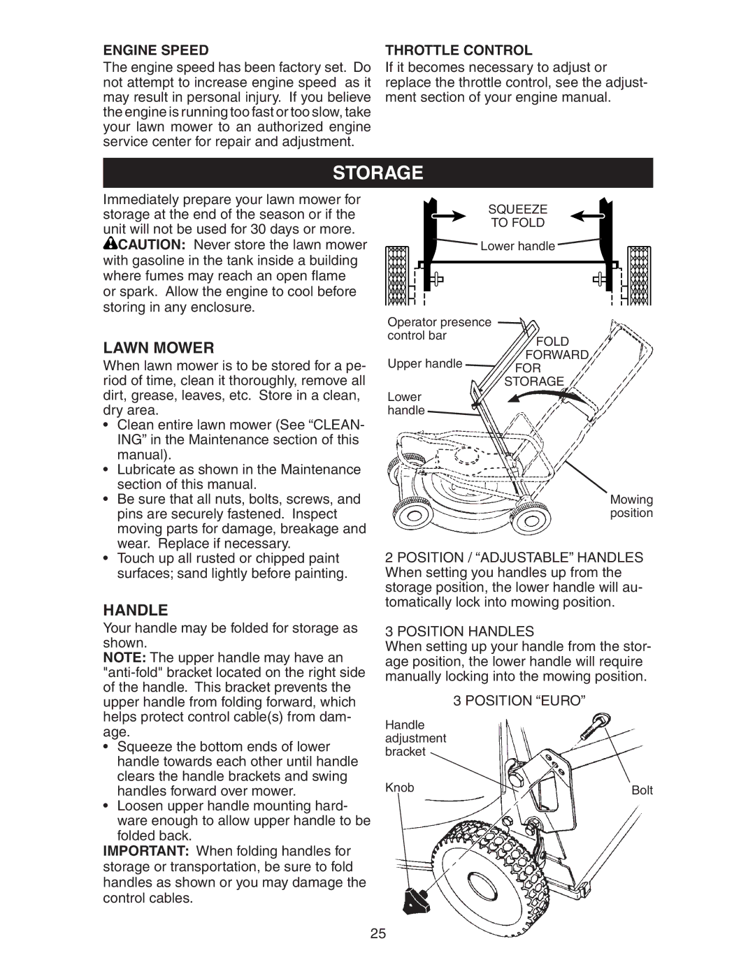 Poulan 172787 manual Storage, Handle, Engine Speed, Throttle Control 