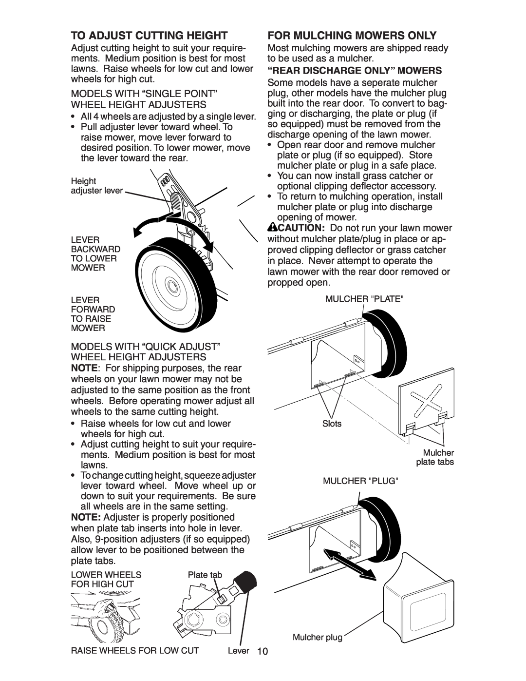 Poulan 172787 manual To Adjust Cutting Height, For Mulching Mowers Only 