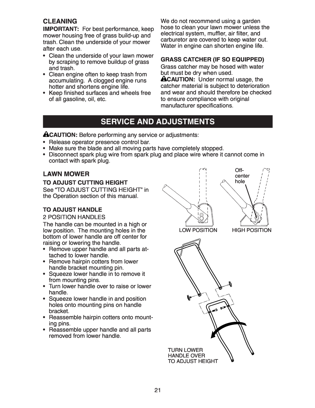Poulan 172787 manual Service And Adjustments, Cleaning, To Adjust Cutting Height, To Adjust Handle, Lawn Mower 