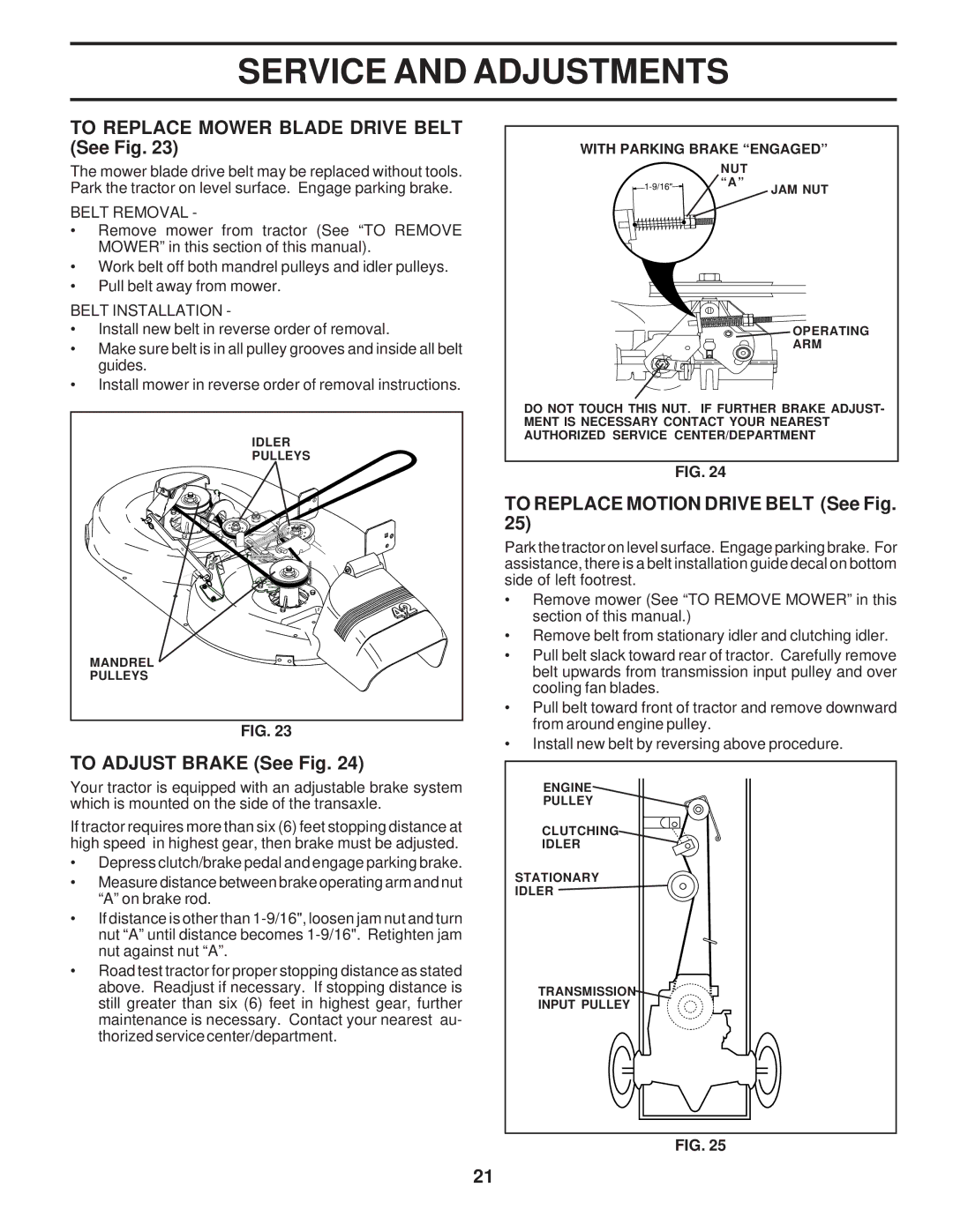 Poulan 173411 To Replace Mower Blade Drive Belt See Fig, To Adjust Brake See Fig, To Replace Motion Drive Belt See Fig 