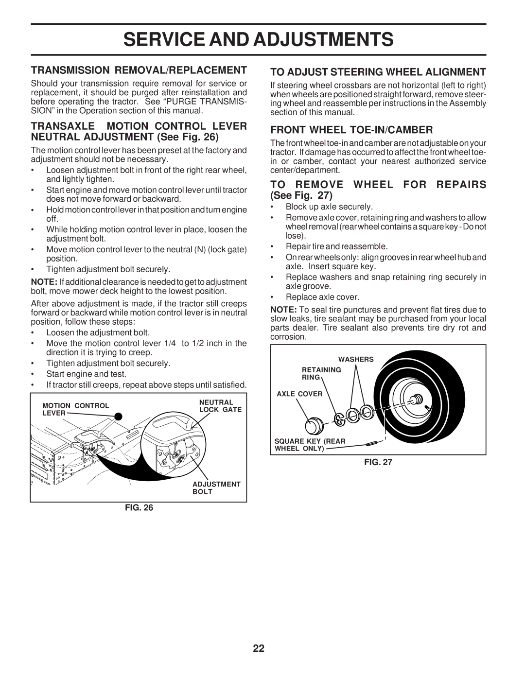 Poulan 173411 owner manual Transmission REMOVAL/REPLACEMENT, Transaxle Motion Control Lever Neutral Adjustment See Fig 