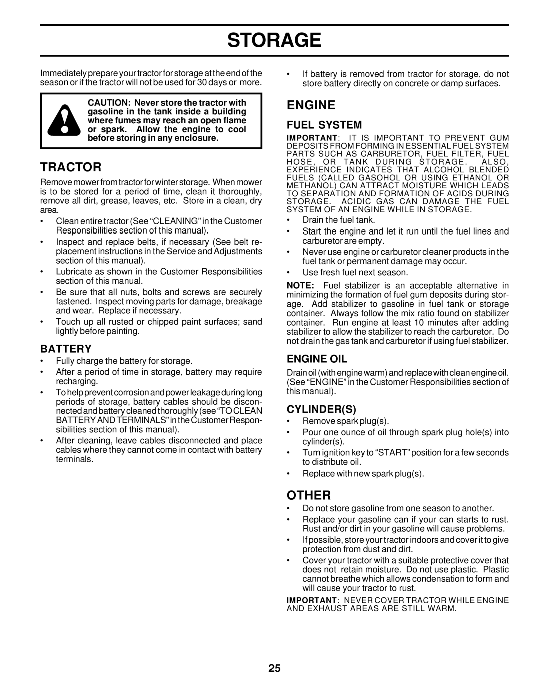 Poulan 173411 owner manual Storage, Other, Fuel System, Engine OIL, Cylinders 