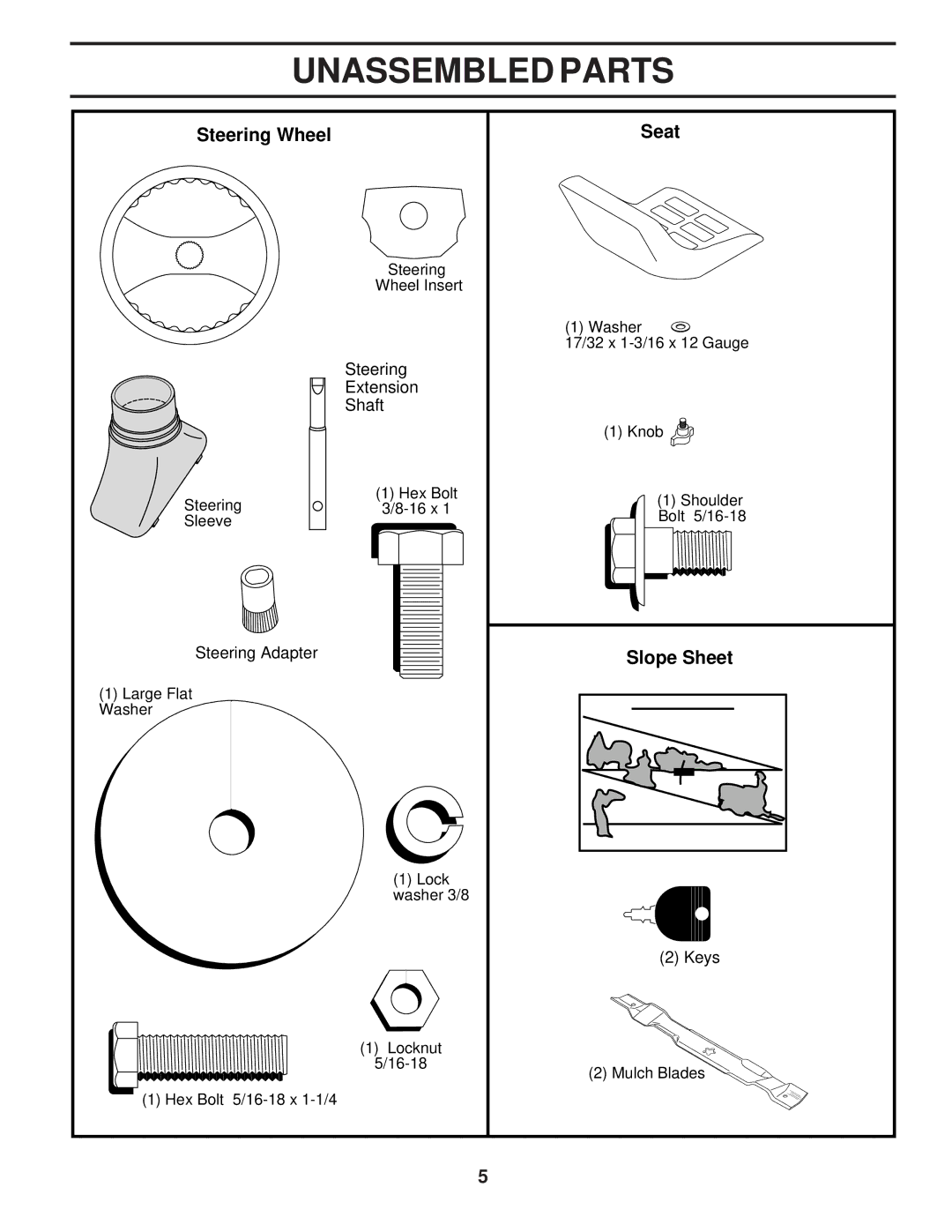 Poulan 173411 owner manual Unassembled Parts, Steering Wheel Seat, Slope Sheet 