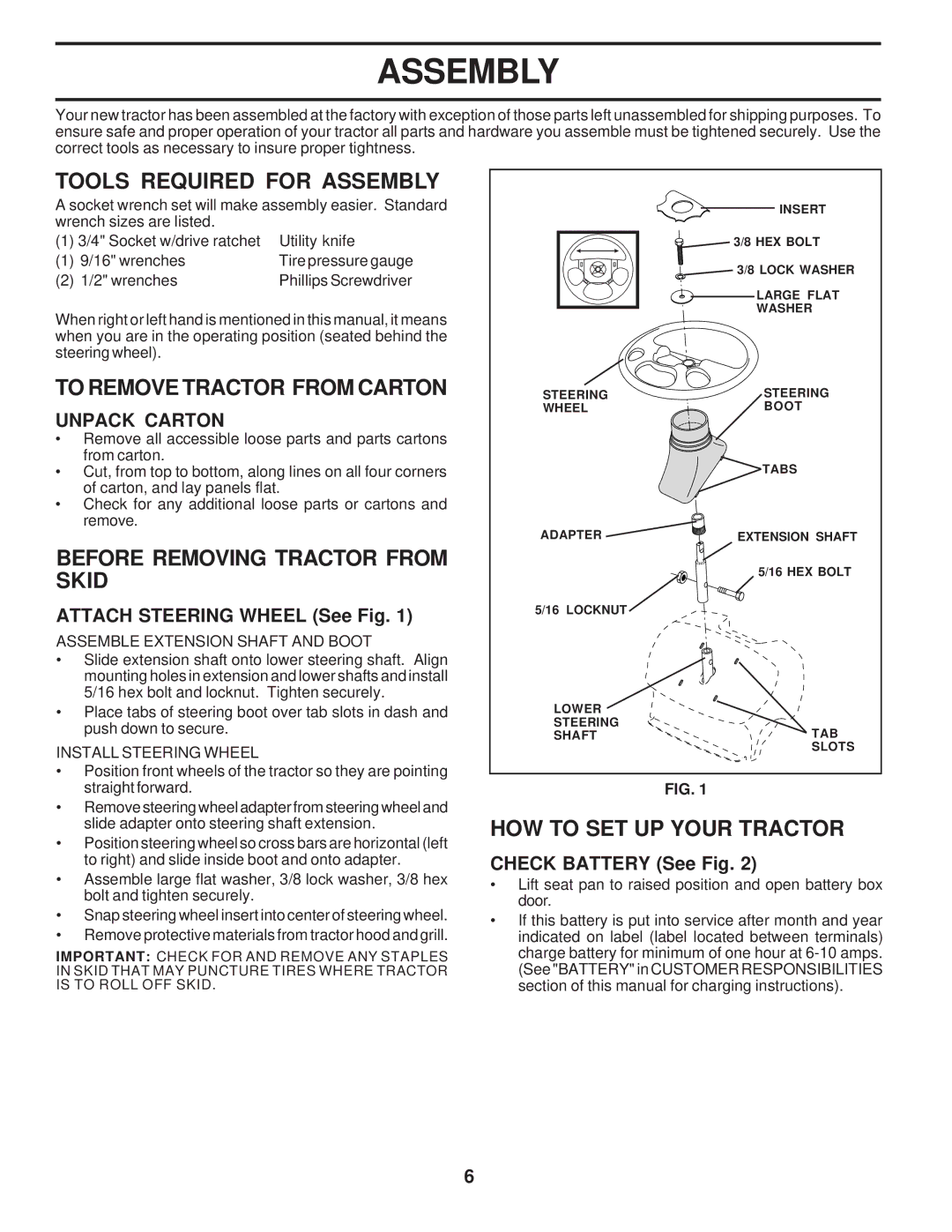 Poulan 173411 Tools Required for Assembly, To Remove Tractor from Carton, Before Removing Tractor from Skid 