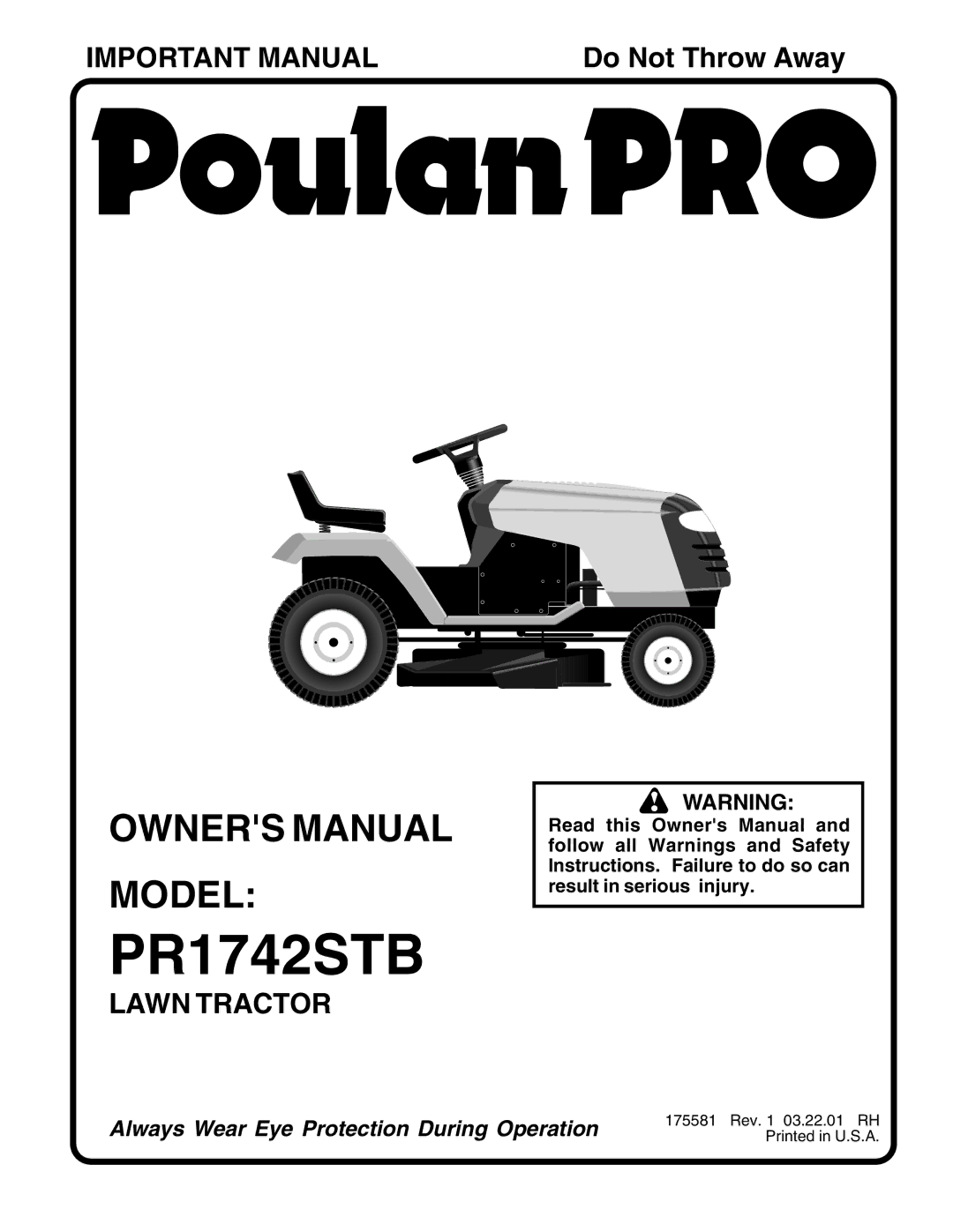 Poulan 175581 owner manual PR1742STB 