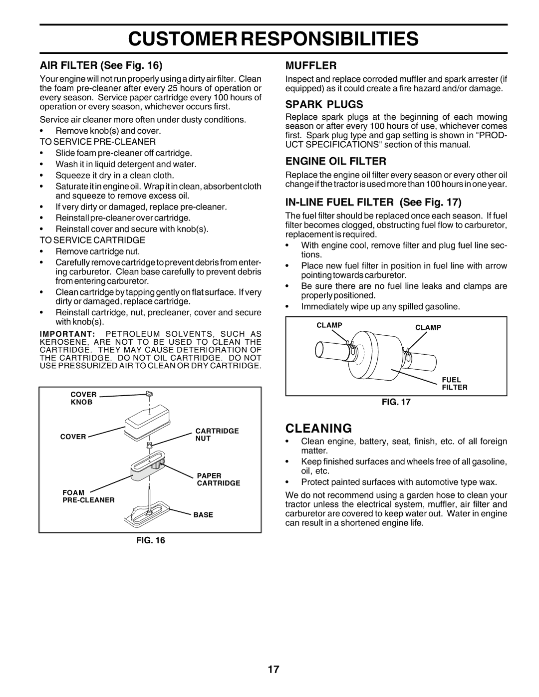 Poulan 175581 owner manual Cleaning, Muffler, Spark Plugs, Engine OIL Filter 