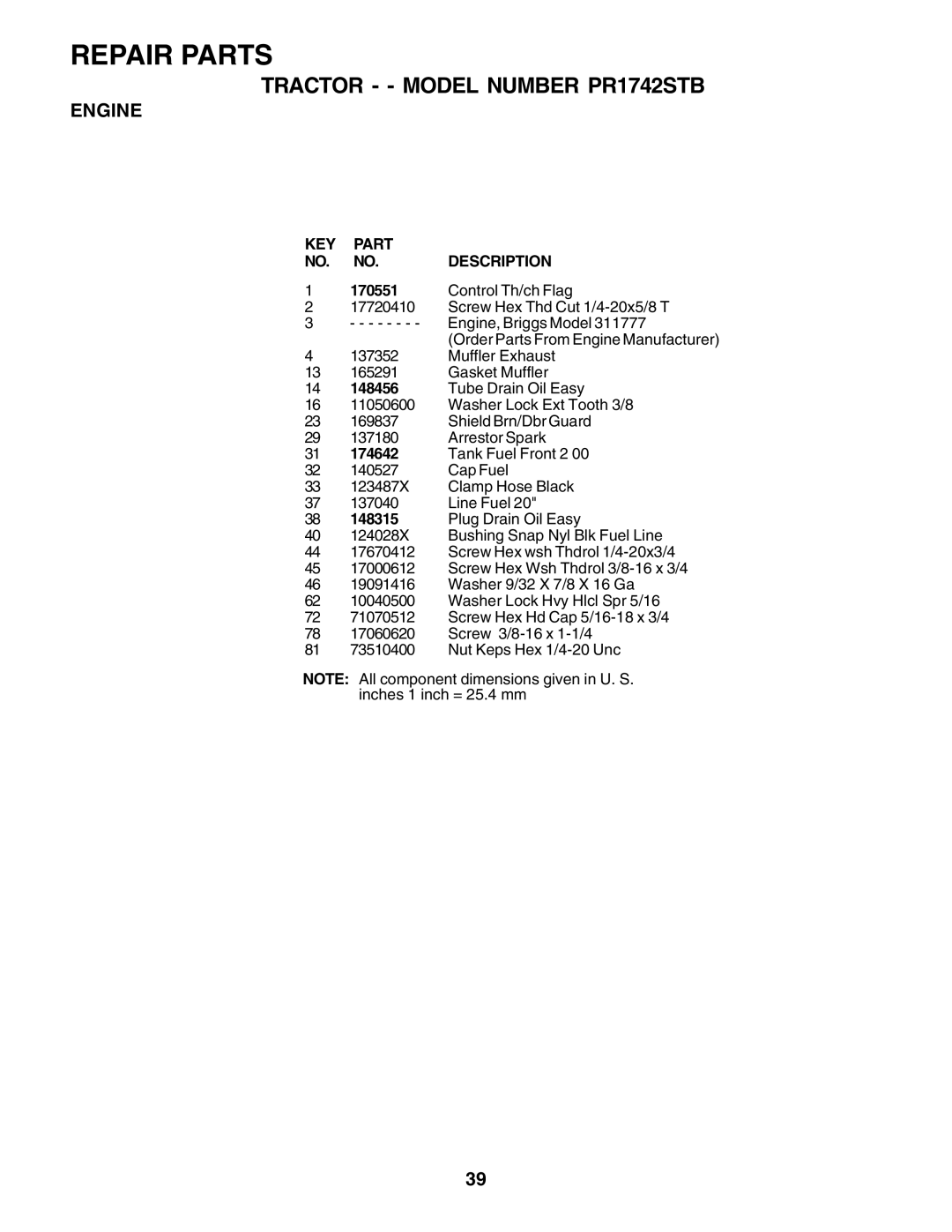 Poulan 175581 owner manual Control Th/ch Flag, 148456, 174642, 148315 