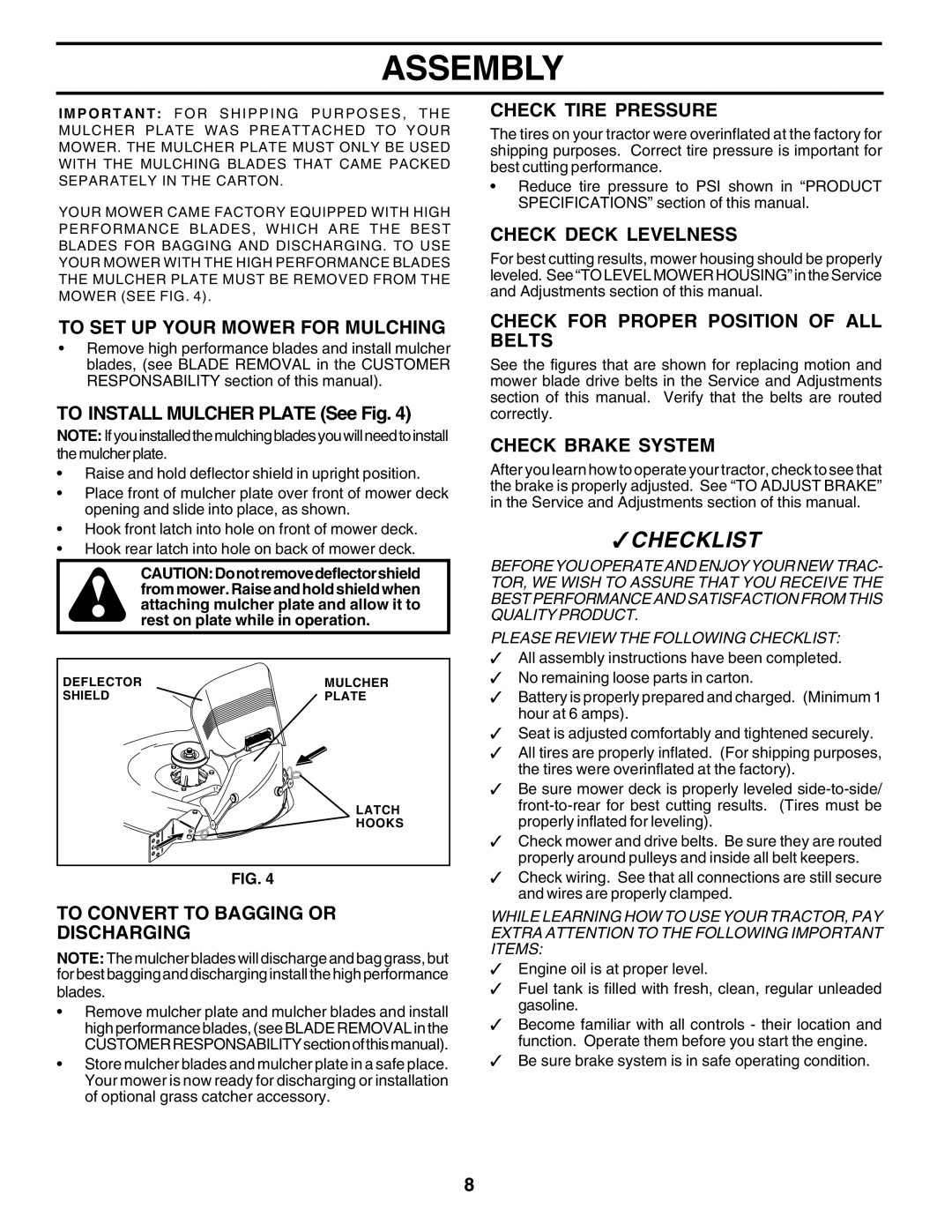 Poulan 175581 owner manual To SET UP Your Mower for Mulching, To Convert to Bagging or Discharging, Check Tire Pressure 