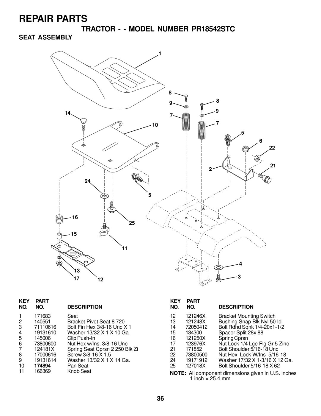 Poulan 175682 owner manual Seat Assembly, 174894 