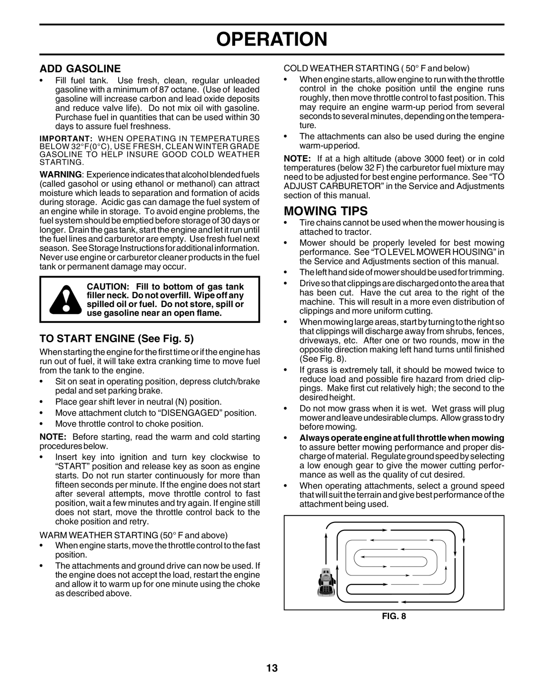 Poulan 176038 owner manual Mowing Tips, ADD Gasoline, To Start Engine See Fig 