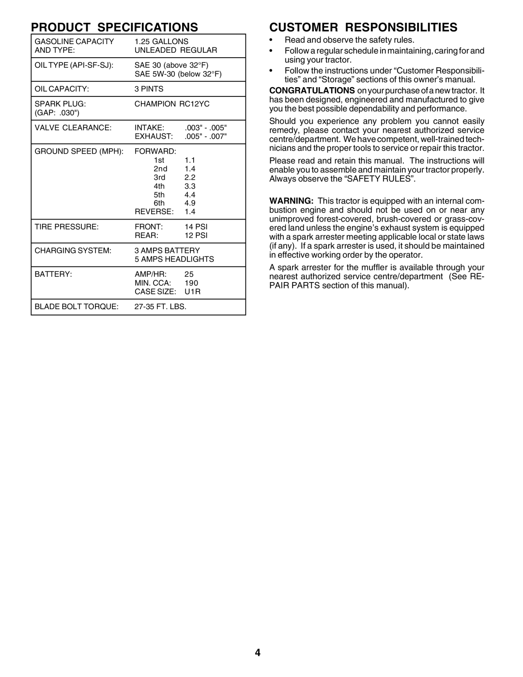 Poulan 176038 owner manual Product Specifications, Customer Responsibilities 