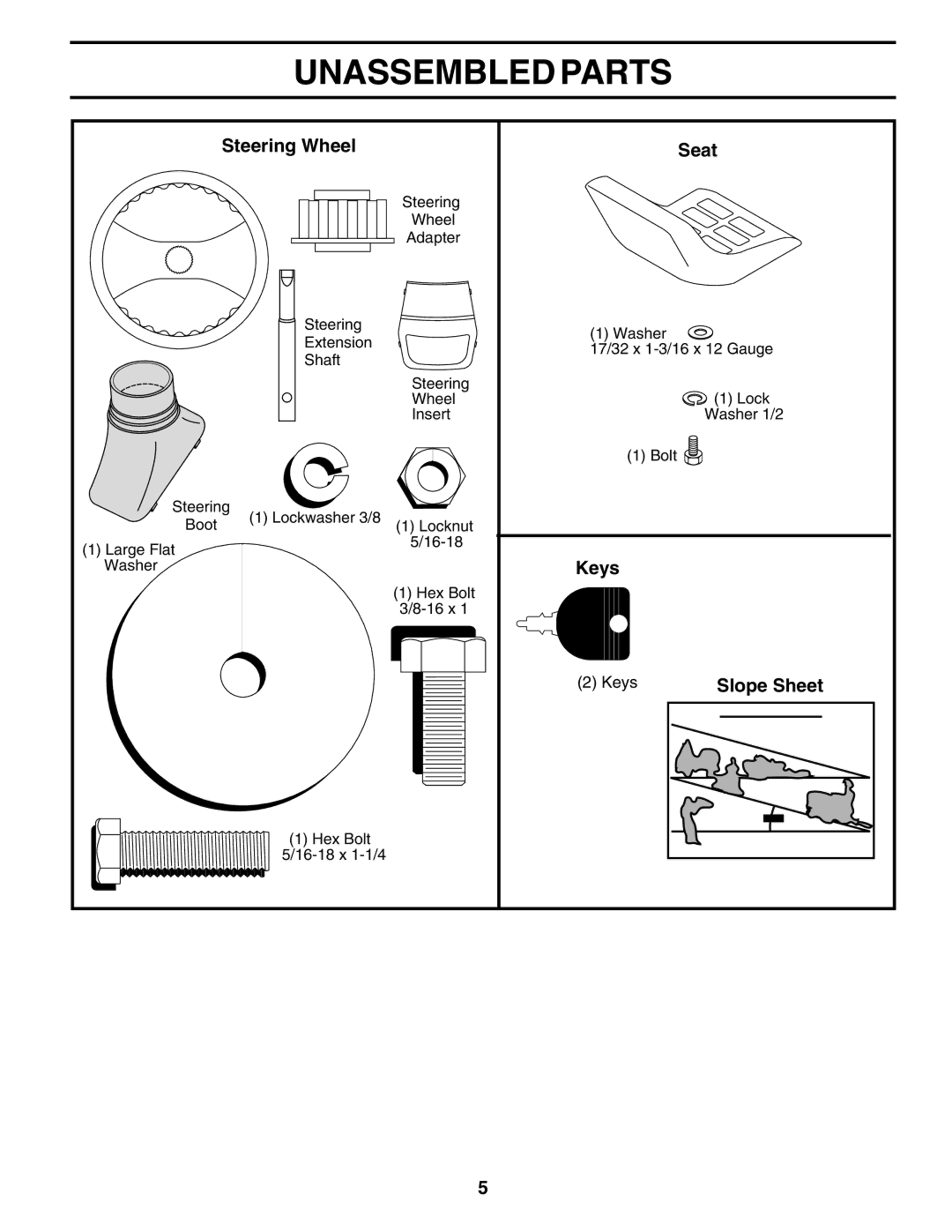 Poulan 176038 owner manual Unassembled Parts, Steering Wheel Seat, Keys 