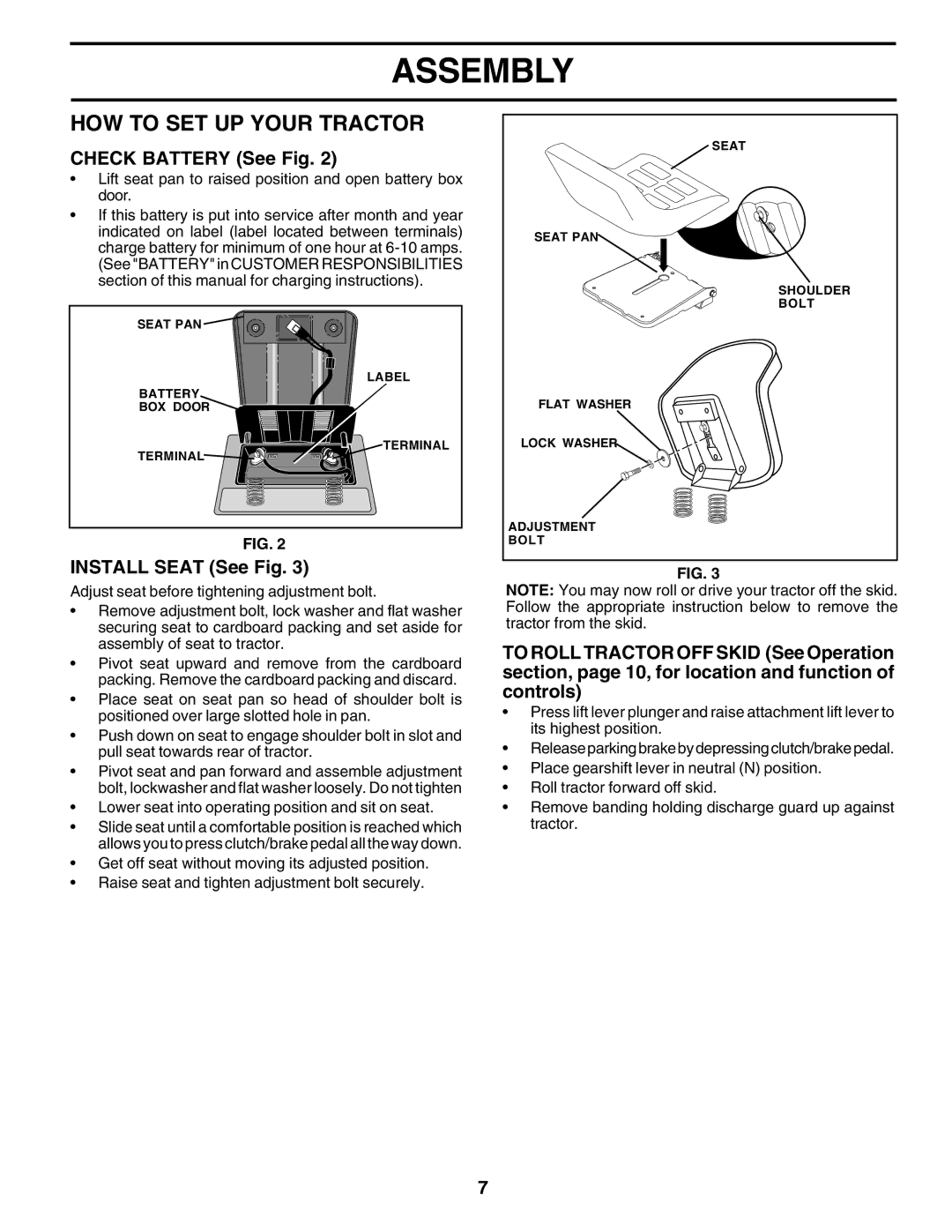 Poulan 176038 owner manual HOW to SET UP Your Tractor, Check Battery See Fig, Install Seat See Fig 