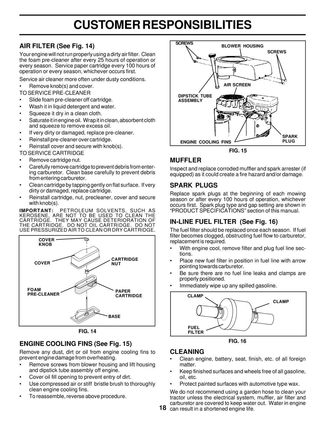 Poulan 176085 owner manual Muffler, Spark Plugs, Cleaning 