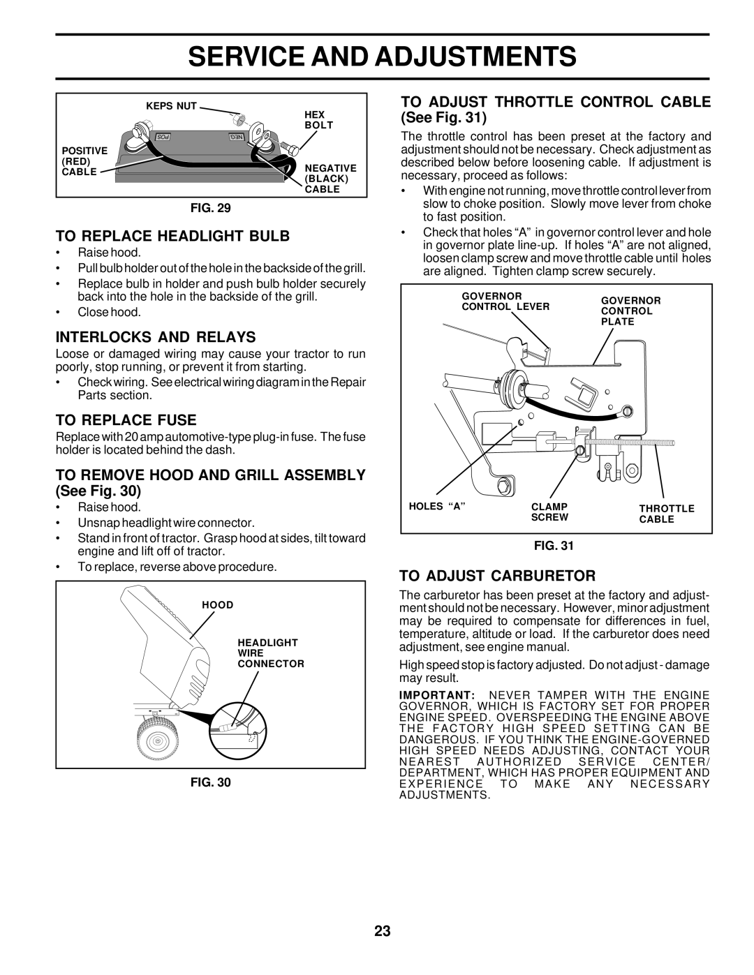 Poulan 176085 owner manual To Replace Headlight Bulb, Interlocks and Relays, To Replace Fuse, To Adjust Carburetor 