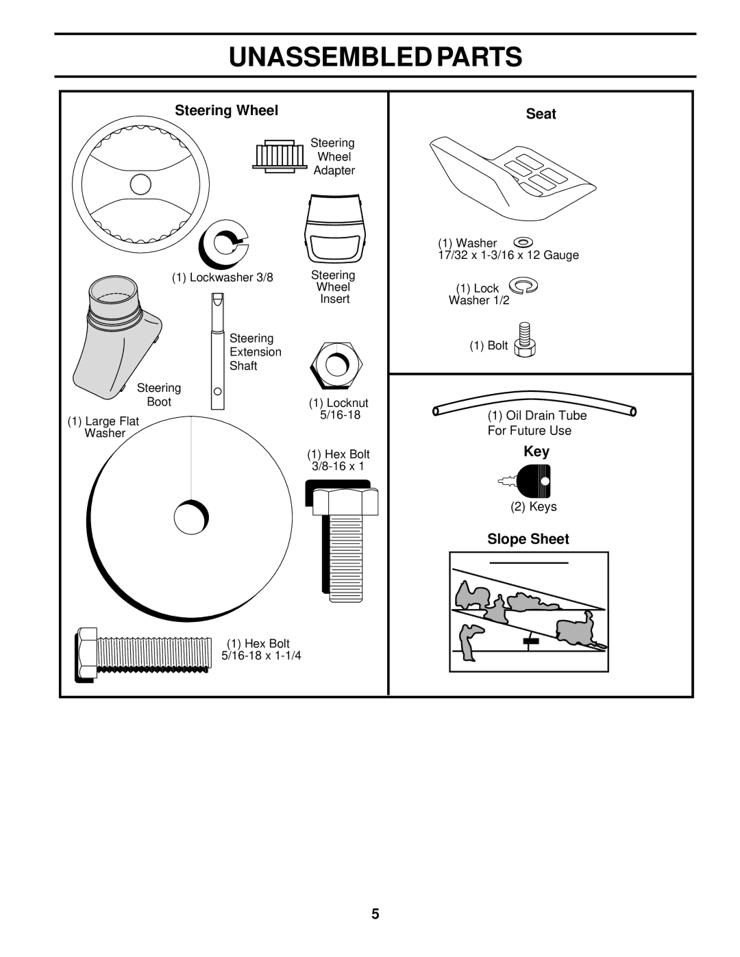 Poulan 176085 owner manual Unassembled Parts, Steering Wheel Seat, Key, Slope Sheet 