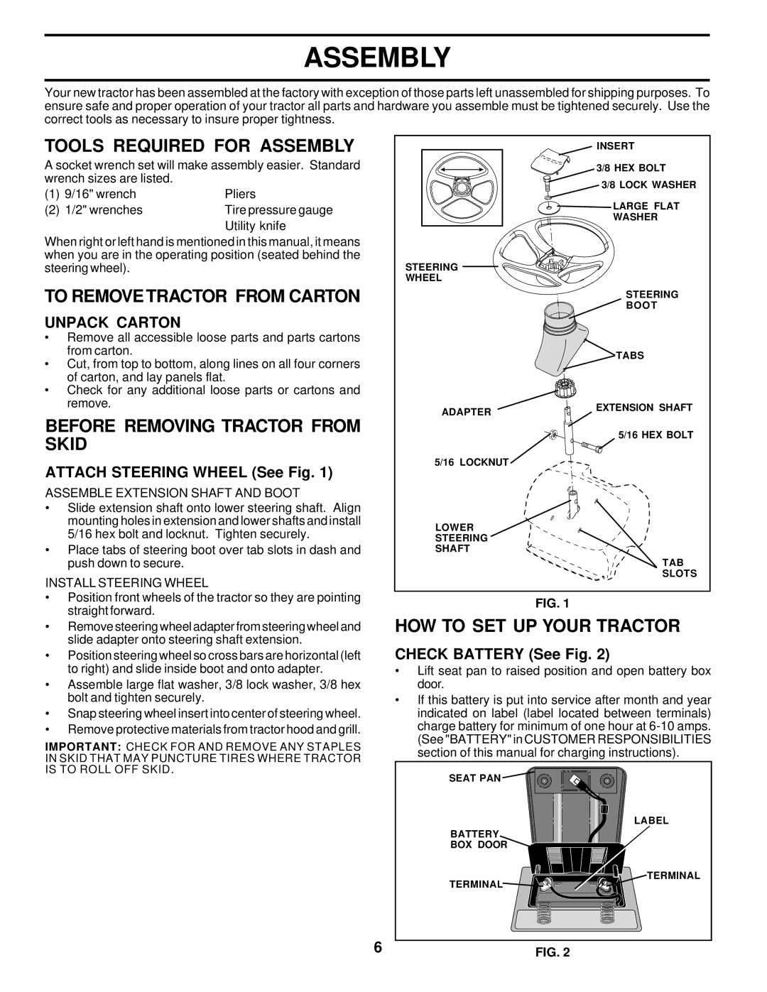 Poulan 176085 Tools Required for Assembly, To Remove Tractor from Carton, Before Removing Tractor from Skid 