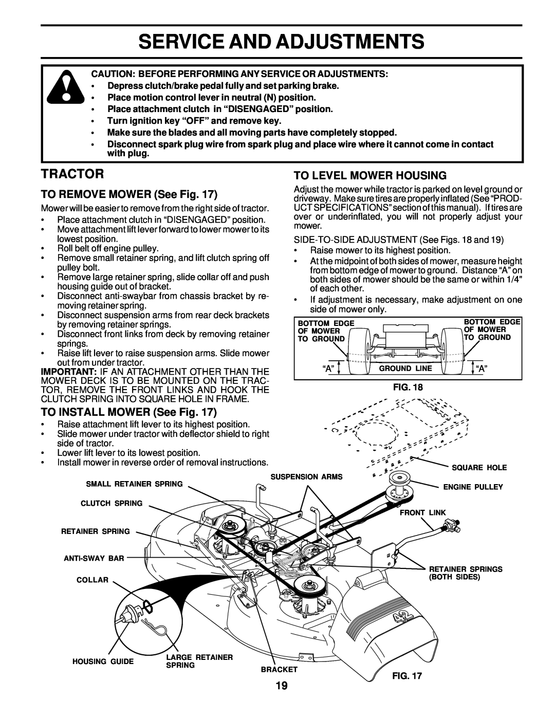 Poulan 176085 Service And Adjustments, TO REMOVE MOWER See Fig, To Level Mower Housing, TO INSTALL MOWER See Fig, Tractor 