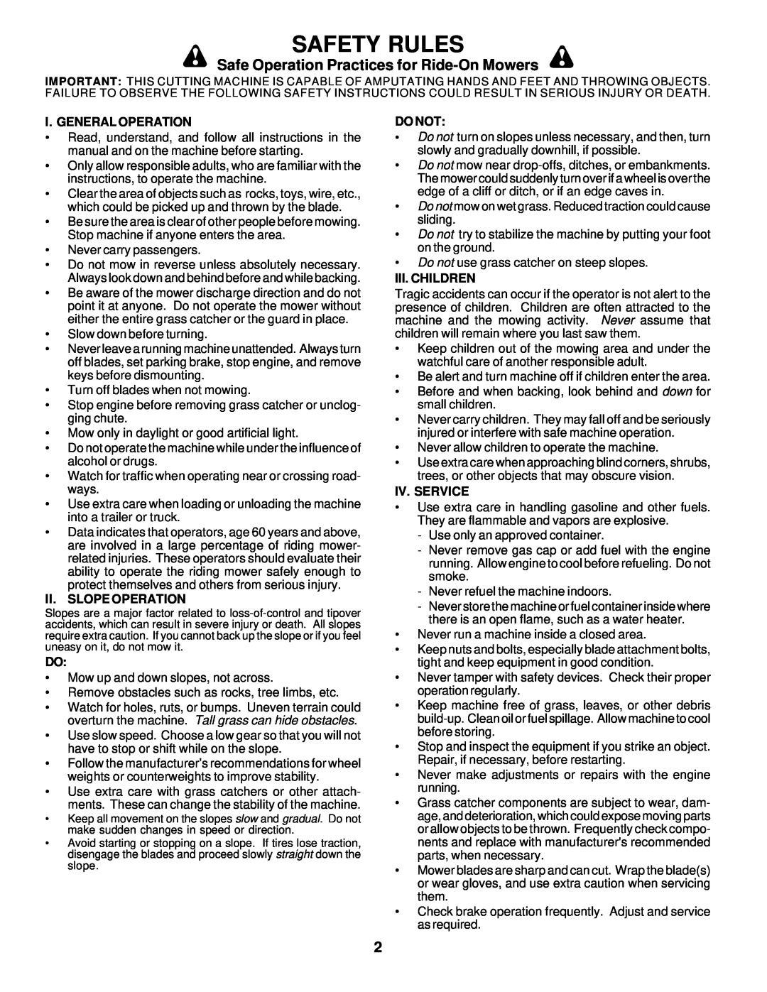 Poulan 176085 owner manual Safety Rules, Safe Operation Practices for Ride-On Mowers 