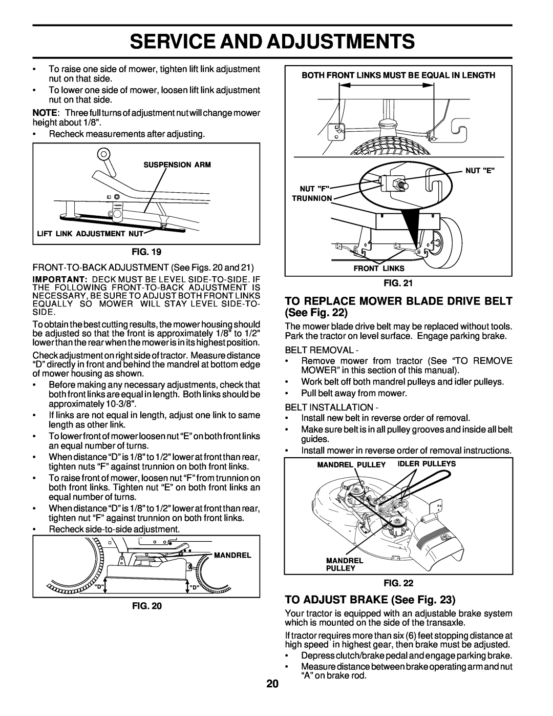 Poulan 176085 owner manual TO REPLACE MOWER BLADE DRIVE BELT See Fig, TO ADJUST BRAKE See Fig, Service And Adjustments 