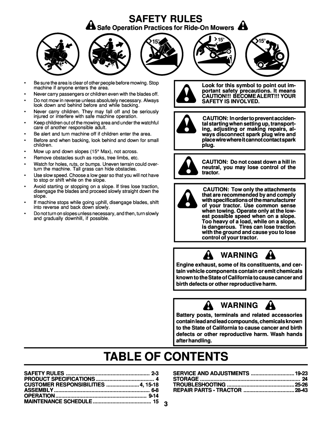 Poulan 176085 owner manual Table Of Contents, Safety Rules, Safe Operation Practices for Ride-On Mowers 