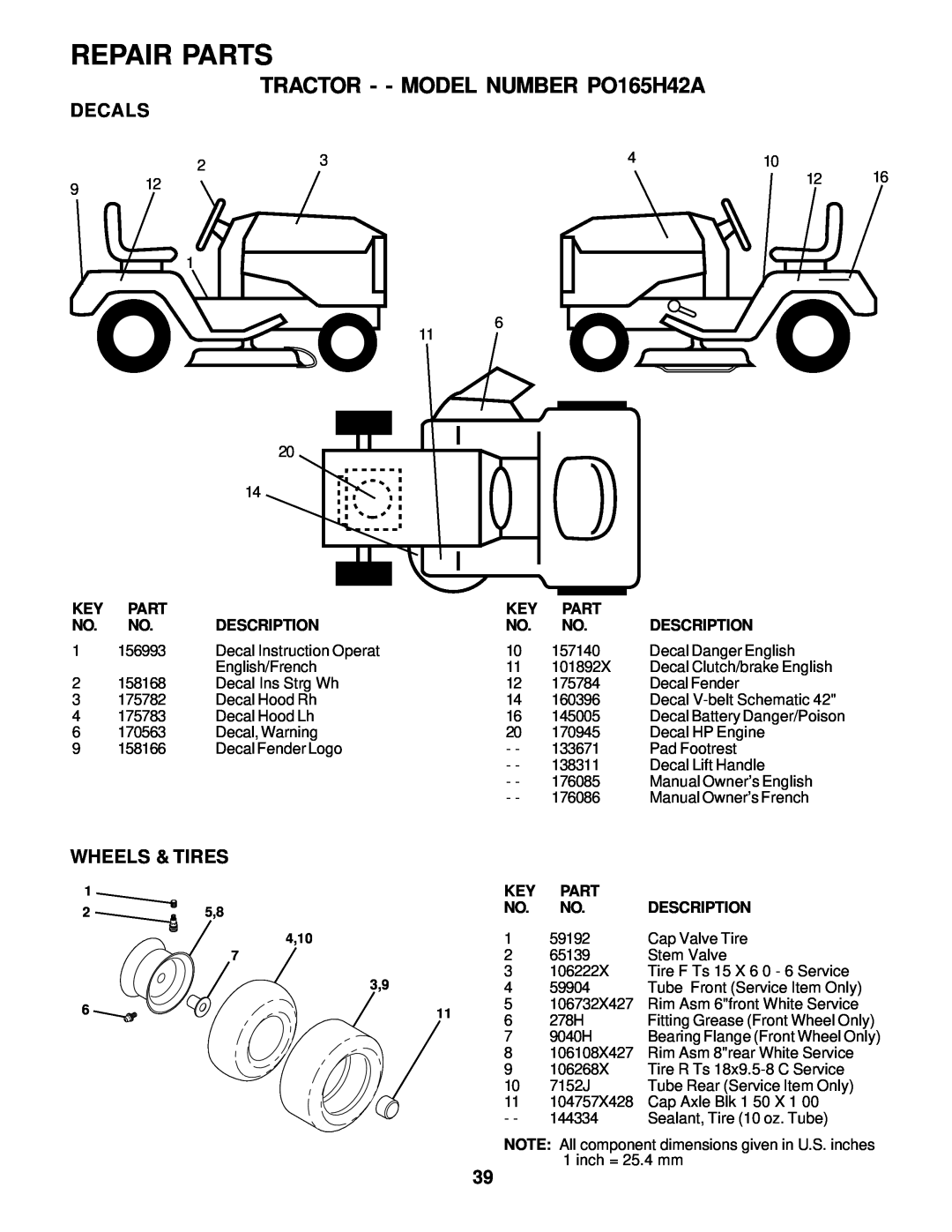 Poulan 176085 owner manual Decals, Wheels & Tires, Repair Parts, TRACTOR - - MODEL NUMBER PO165H42A, 4,10 