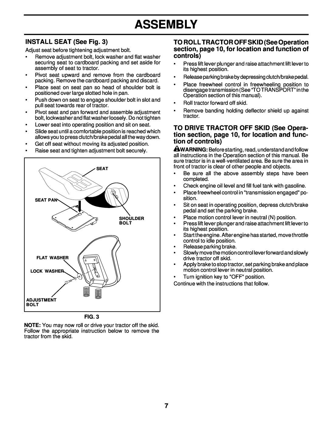 Poulan 176085 owner manual INSTALL SEAT See Fig, Assembly 