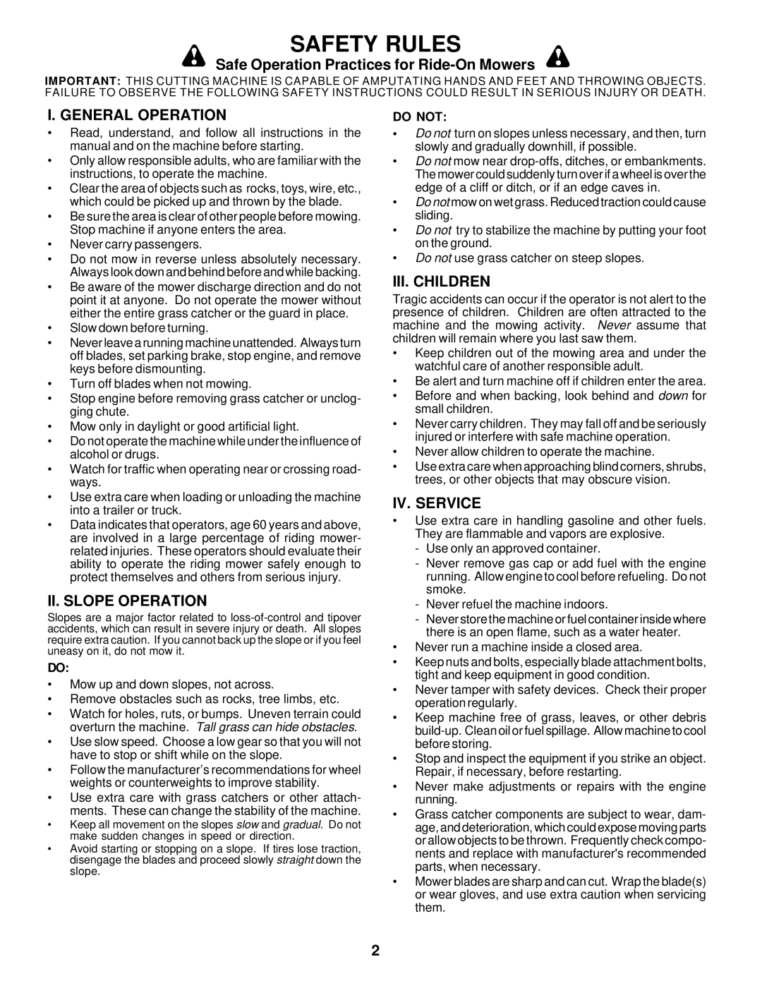 Poulan 176851 Safe Operation Practices for Ride-On Mowers, General Operation, II. Slope Operation, III. Children 