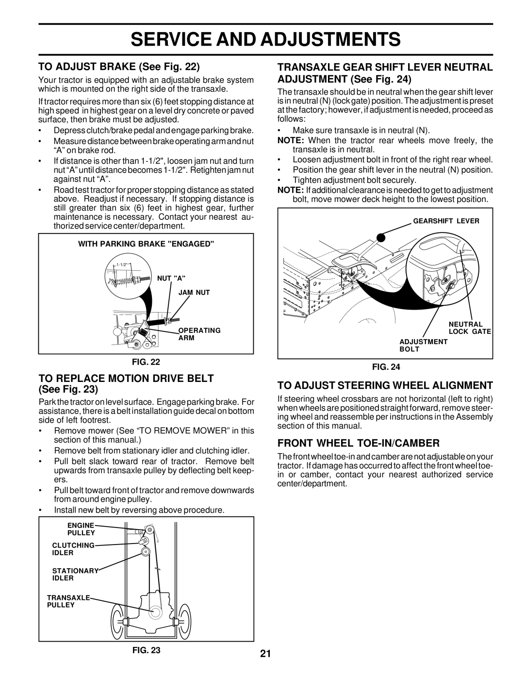 Poulan 176851 To Adjust Brake See Fig, To Replace Motion Drive Belt See Fig, To Adjust Steering Wheel Alignment 