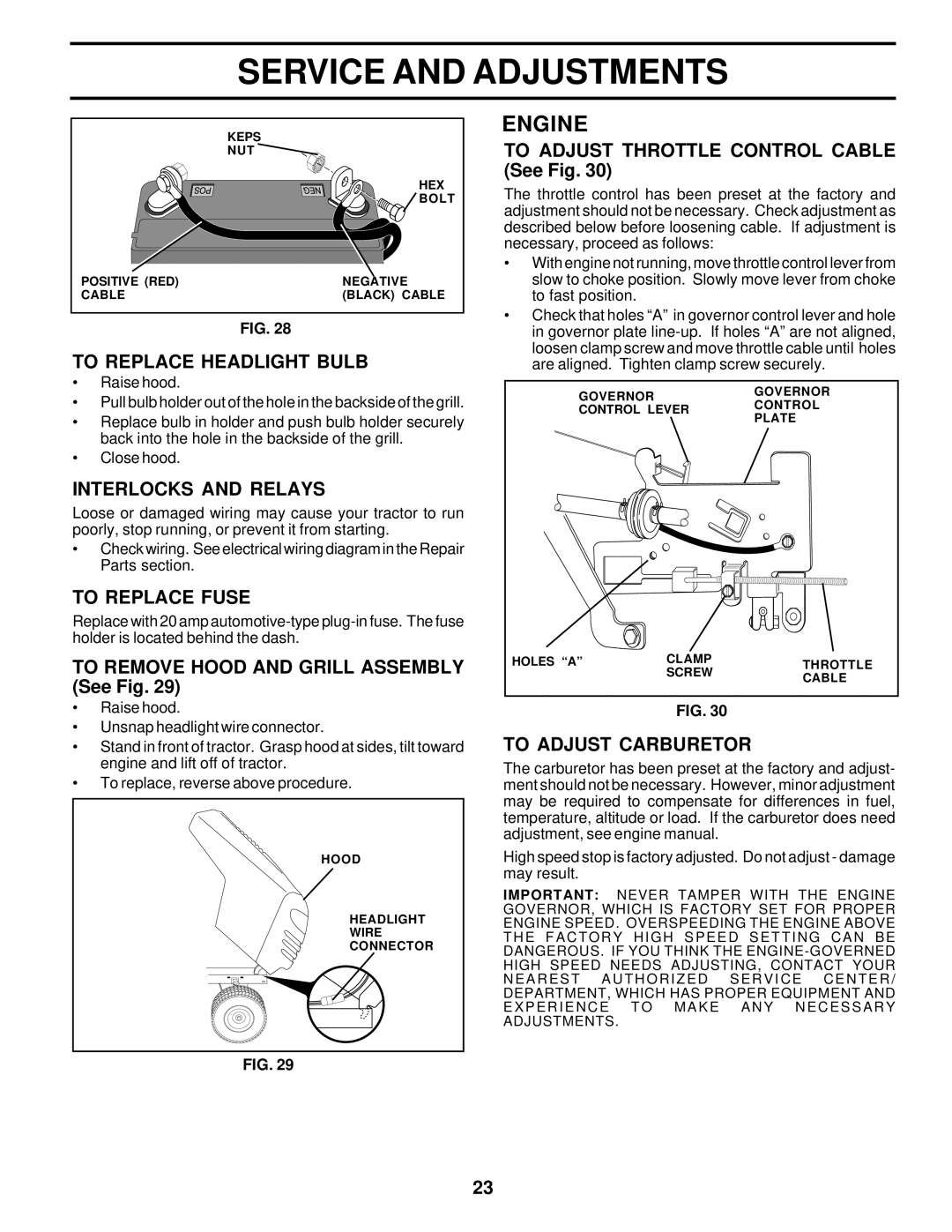 Poulan 176851 owner manual To Replace Headlight Bulb, Interlocks and Relays, To Replace Fuse, To Adjust Carburetor 