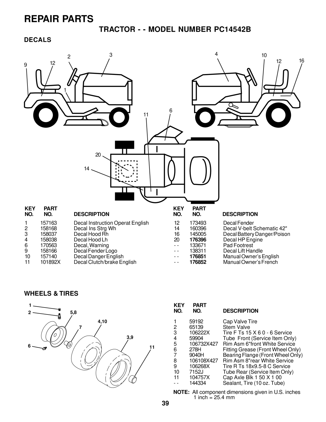 Poulan 176851 owner manual Decals, Wheels & Tires, 176396, 176852 