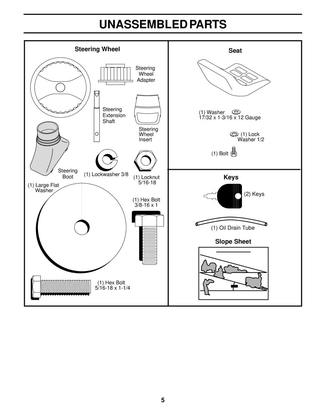 Poulan 176851 owner manual Unassembled Parts, Steering Wheel Seat, Keys, Slope Sheet 