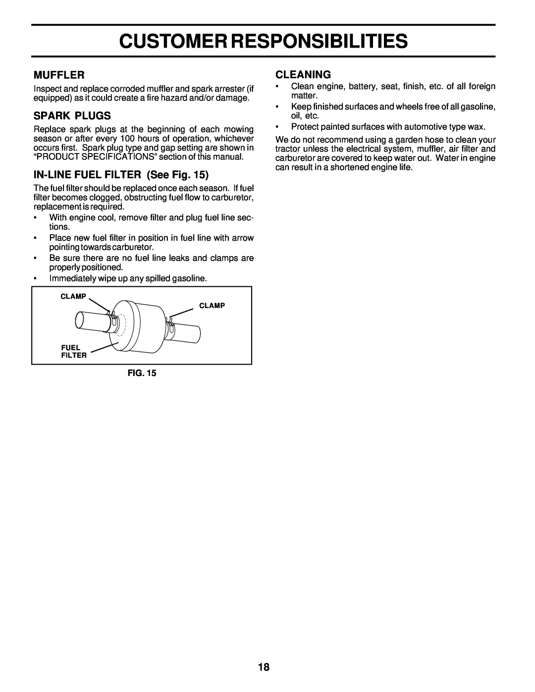 Poulan 176851 owner manual Muffler, Spark Plugs, IN-LINE FUEL FILTER See Fig, Cleaning, Customer Responsibilities 
