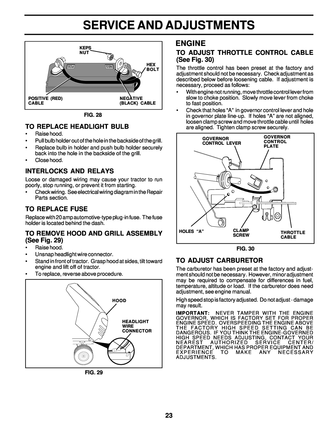 Poulan 176851 To Replace Headlight Bulb, Interlocks And Relays, To Replace Fuse, TO REMOVE HOOD AND GRILL ASSEMBLY See Fig 