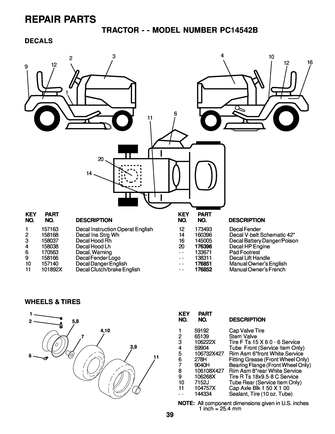 Poulan 176851 owner manual Decals, Wheels & Tires, Repair Parts, TRACTOR - - MODEL NUMBER PC14542B, 4,10 